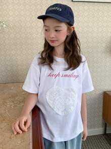Dazy Kids Tween Girl Heart Decor Letter Print Short Sleeve T-Shirt Summer - Navy Blue - View 3