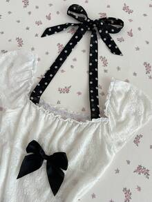 Elamini 白色蕾丝边饰黑色雪纺波点二合一喇叭袖蝴蝶结装饰修身荷叶边下摆T恤，甜美可爱浪漫复古学院风日常百搭女款春夏装 - 白色 - 查看 5