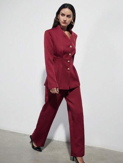 Aveloria Modichic Women's Woven Fabric Blazer Suit Set Padded Wide Shoulder Slim Waist V-Neck Peplum Hem With Embossed Metal Buttons And Wide Leg Pants Elegant Office Work Outfits For Women Office Attire For Women Red