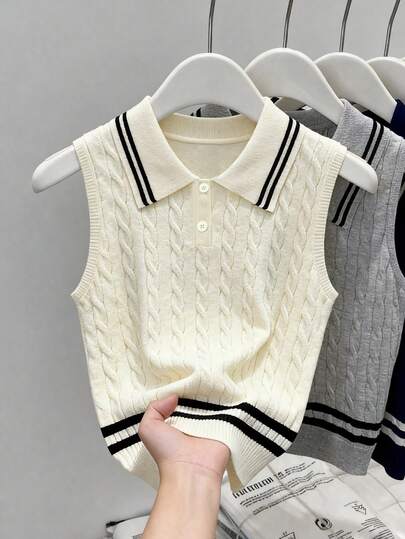GlowEve Elegant Sleeveless Polo Neck Cable Knit Vest For Women, Spring/Summer