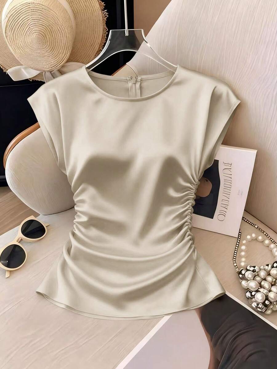 Franclia 女士优雅圆领修身褶裥短袖百搭纯色浅桃色衬衫 - 卡其色 - 查看 1