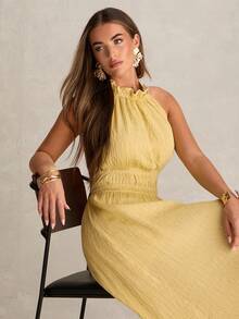 Enchnt Vestido feminino elegante de cor sólida, sem costas e com decote halter, ideal para o verão. - Amarelo - Ver 8