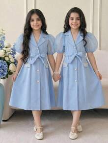 SHEIN Tween Girl Spring/Summer Collared Button-Up Long Cardigan Dress With Pearl Decor Sash - Blue - View 8