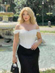 SHEIN MOD Hơn Off Shoulder Xù Lưới Áo nịt ngực Kết cấu Áo - trắng - Xem 2