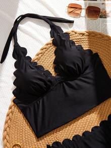 Swim Basics Women's Solid Color Floral Trim Spaghetti Strap Bikini Top And Floral Trim Swim Bottoms, Summer Beach Vacation - Black - View 7