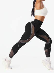 Dewbera 女士无缝瑜伽紧身裤，高腰收腹提臀，网眼设计时尚性感，吸湿排汗，舒适贴合，百搭 - 黑色 - 查看 6