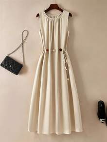 Franclia Women's French Elegant Vacation Tie-Waist Flared Dress - Apricot - View 1