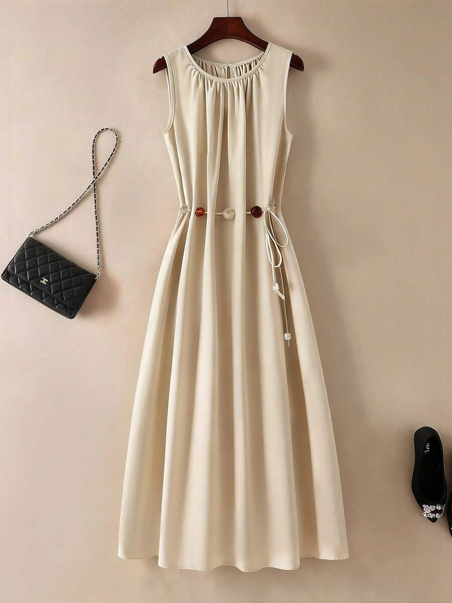 Franclia Women's French Elegant Vacation Tie-Waist Flared Dress - Apricot - View 1