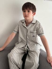 DAZY Tween Boy Striped Short Sleeve Single-Breasted Pocket Top And Pants Pajama Set - Grey - View 2