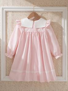 Souflis Souflis Girls' Vintage French Style Pink Fairy Summer Party Dress,Loose Floral Embroidery Lace Trim Contrast Collar Long Sleeve Casual School Photography - Pink - View 4