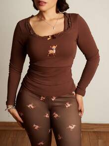 Lupita Cardoza Cute Deer Embroidered Lace Blouse Paired With Deer Print Flare Pants, Autumn/Winter - Brown - View 6