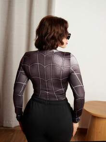 Lupita Cardoza Y2K Amplova 女式蜘蛛印花长袖立领紧身衣，深色时尚风格女式紧身衣万圣节紧身衣蜘蛛网紧身衣 - 黑色 - 查看 2