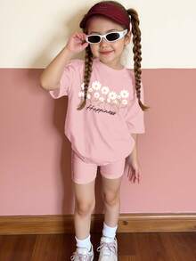 SHEIN LMoss Kids 粉色碎花印花休闲舒适柔软圆领宽松短袖T恤搭配紧身骑行短裤套装，适合日常穿着、街头风、外出、居家、度假、野餐、农场、返校节、春夏女童装扮 - 白色 - 查看 3