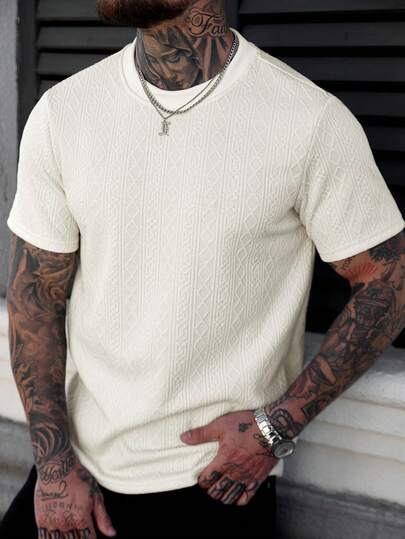 Manfinity CasualCool 男士舒适提花圆领短袖T恤，畅销款，适合男士休闲度假、简约办公、简约商务、日常约会、居家休闲、时尚派对、聚餐等场合，自用或送礼皆宜。春秋季流行短袖T恤