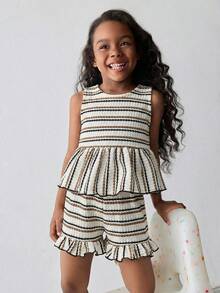 Maija Kids Maija Kids 女童夏季休闲条纹蝴蝶结装饰吊带背心和短裤套装 - 白色 - 查看 5