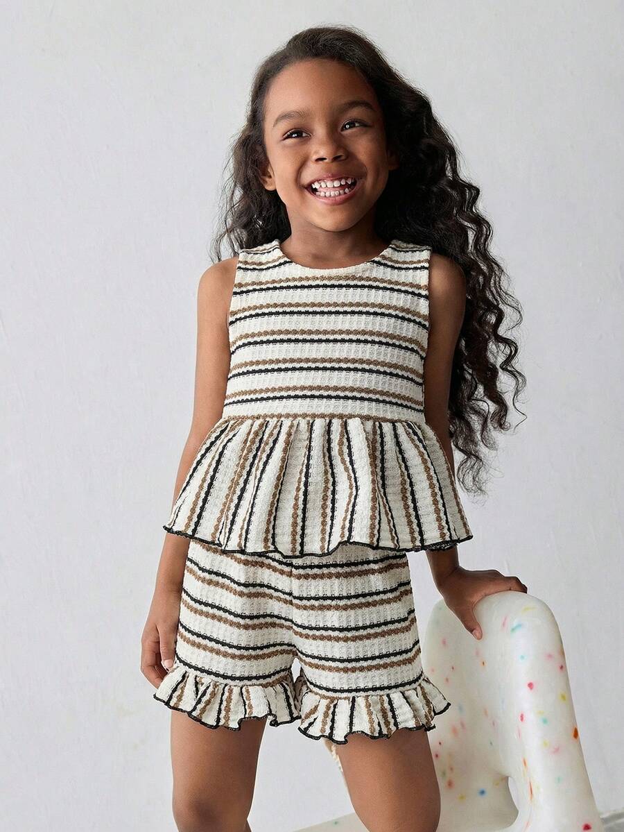 Maija Kids Maija Kids 女童夏季休閒條紋蝴蝶結裝飾吊帶背心短褲套裝,女童生日拍照穿搭,女童度假套裝裙套裝,正式禮服套裝 - 白色 - 查看 1