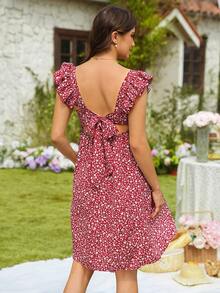 SHEIN Maternity Vacation Ditsy Floral Tie Back Cap Sleeve Casual Dress - Burgundy - View 5