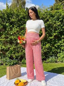 Modmama Plaid Print Casual Versatile Maternity Wide Leg Pants - Red - View 1