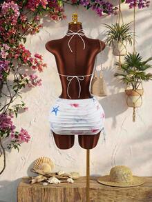 Amplova New Vacation Style Women's Sexy Backless Top With Front Tie And Asymmetrical Hem, Paired With Low-Waist Pleated Skirt Set - Multicolor - View 7