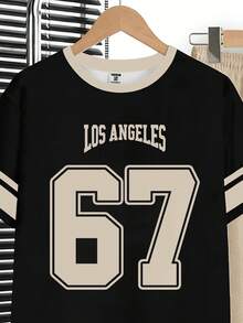 SHEIN 青少年男童休闲简约Y2K风格英文字母和数字67、6&7运动风复古美式撞色宽松舒适时尚圆领短袖T恤和裤子套装 - 白色 - 查看 4