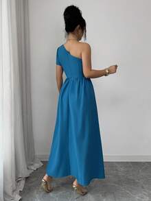 Rafferiza 优雅不对称肩部孔雀蓝连衣裙，金属扣设计，女士休闲连衣裙 - 水鴨藍 - 查看 2