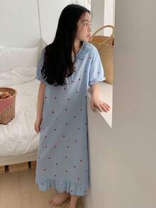 Dazy Kids 少女心形印花荷叶边睡裙家居服夏季 - 藍色 - 查看 4