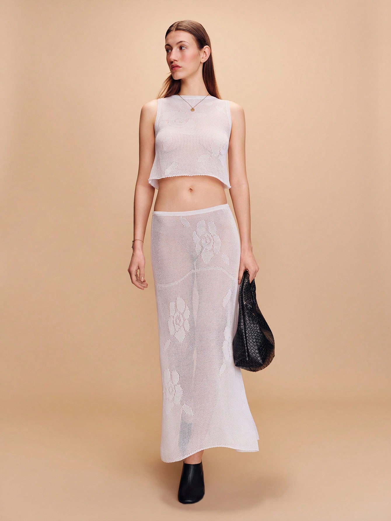 White Open-Knit Set With Floral Pattern Tank Top And Flared Low-Waist Skirt See Through Beach Outfit Vacation Outfit Resort Outfit For Spring Summer French Style Parisian Style