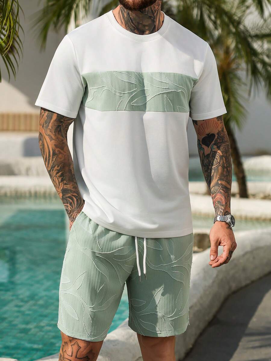 VENTUSAIL 男士植物镂空短袖休闲度假T恤和短裤套装