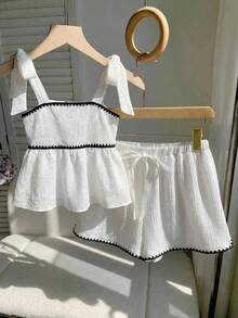 女童休闲度假白色修身吊带背心，夏季上衣，柔软修身，时尚设计，适合度假、旅行、校园、日常穿着 - 白色 - 查看 1