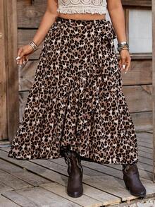 SHEIN LUNE Jupe élégante à imprimé léopard avec lien à la taille pour femmes grande taille - Tabac - Voir 5