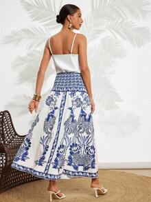Amorya 女士波西米亚风印花A字裙，蓝白印花休闲度假装，春夏款 - 藍白色 - 查看 3