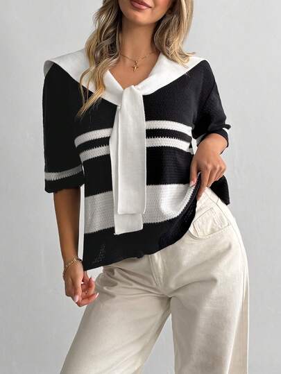 SHEIN Lise Noir Balletcore Coquette Kontrast Schleife Geformtes Strick Top - Pariser Chic Old Money Stille Luxus Weich Maßgeschneidert Romantisch Minimalistisches Statement Piece