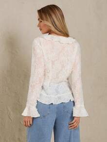 Glamine Women's Elegant Sexy Ruffle Trim Chiffon Jacquard Long Sleeve Blouse - Apricot - View 2