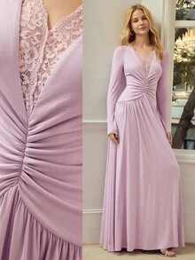 MOTF PREMIUM DEEP V-NECK LACE PATCHWORK CINCHED WAIST COMFORTABLE LONG SLEEVE DRESS FOR WOMEN, SPRING/SUMMER - Purple - View 1