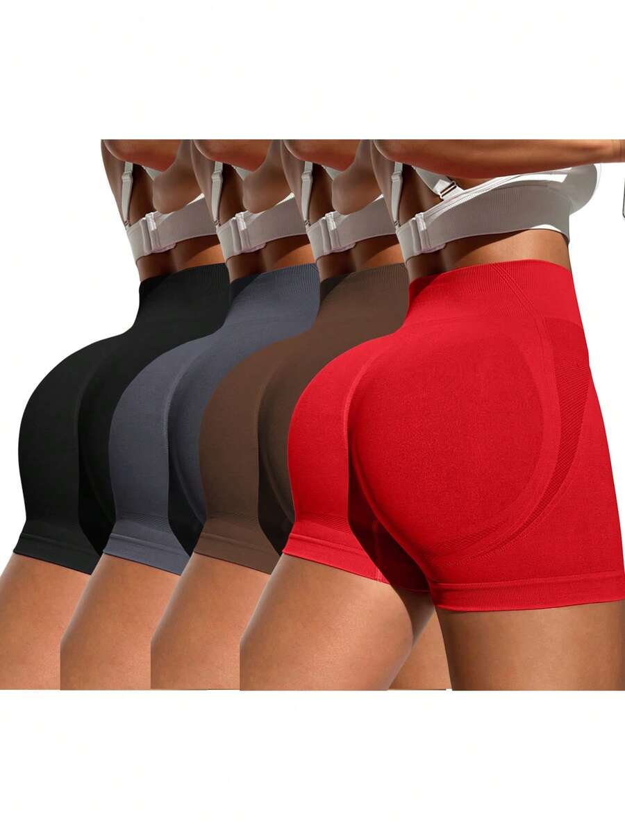 Velisys Velisys 4件套女士运动短裤套装，黑色、深灰色、红色、深咖啡色，高腰无缝瑜伽健身短裤，流行款式健身短裤，无缝运动短裤，Katseye女士高腰运动短裤，弹力短裤