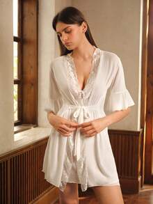Crystal Vow Lace Panel Flounce Sleeve Belted Mesh Robe & Cami Dress Pajama Set Without Lingerie White Set Bridallingerie - White - View 5