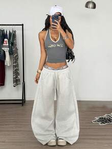 Muchica Grey Knitted Curved Track Pants, Women's Drawstring Waist, Slanted Pockets, Casual Wide-Leg Pants Wide Leg Sweatpants Baggy Sweatpants Oversized Pants - Grey - View 3