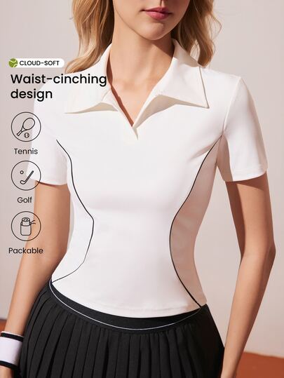 CourtClass 白色镂空女式网球衫，翻领，柔软舒适，适合运动、跑步、休闲、瑜伽等场合。