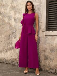 Ellevyn Women's Asymmetrical Ruffle Hem Elegant Sleeveless Jumpsuit, Purple-Red - Red Violet - View 3