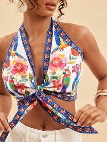 Travachic Áo croptop buộc dây phía trước in họa tiết hoa và vẹt dành cho nữ, thích hợp cho kỳ nghỉ. - Màu vàng - Xem 3