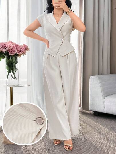 Feyla Women's Solid Color Wrap Asymmetric Hem Top And Pants Elegant Suit Set