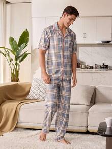 SHEIN Conjunto de pijama para hombre con cuello de solapa y estampado de cuadros con ribete de contraste - Multicolor - Ver 5