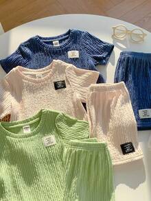 SHEIN 6pcs/Set Unisex Baby Clothes, Summer Casual Cute Solid Color Letter Print Short Sleeve T-Shirt & Elastic Waist Shorts Set, Basic Multi-Pack - Multicolor - View 8