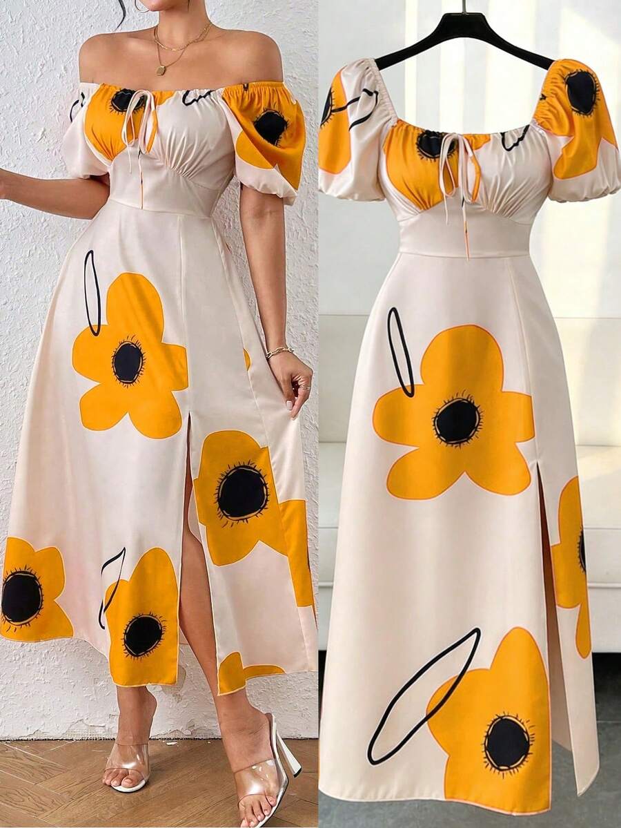 Chiquease Abito lungo da donna con spalle scoperte, stampa floreale, schiena arricciata e spacca alta laterale - Multicolore - Visualizzare 1