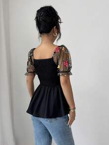 Selianne Áo kiểu dáng chữ A ôm sát, tay ngắn, cổ vuông, chất liệu lưới Pháp thêu hoa, kiểu dáng mới dành cho nữ. - màu đen - Xem 4