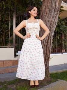 Lupita Cardoza 方领蕾丝前片后褶碎花连衣裙，派对连衣裙，早午餐连衣裙，度假连衣裙，宴会连衣裙，情人节连衣裙，新年连衣裙，海滩度假装 - 紅白色 - 查看 3