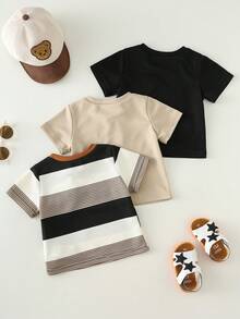 SHEIN Bộ 3 áo thun ngắn tay in hình gấu và sọc dễ thương cho bé trai, kiểu dáng thường ngày, thích hợp mặc mùa xuân/hè. - màu nâu - Xem 2