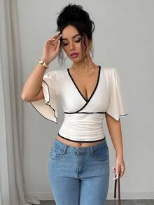Elenzga Women's Elegant Versatile Solid Color Contrast Trim V-Neck Ruffle Sleeve T-Shirt - Apricot - View 5
