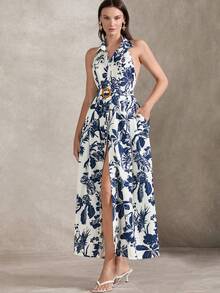 Briarwyn 女士度假休闲热带印花露背连衣裙 - 水藍色 - 查看 7