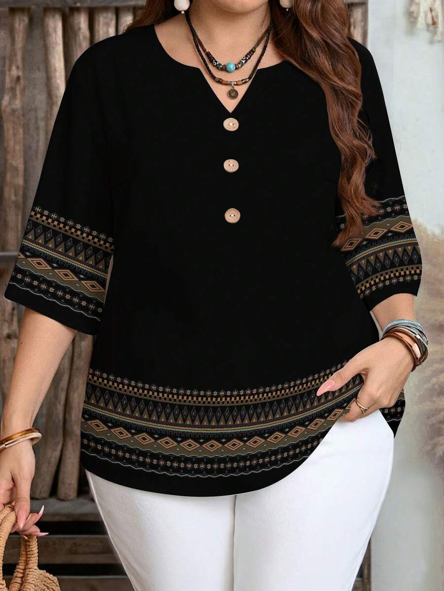 EMERY ROSE Camisa minimalista casual con estampado geométrico, adecuada para el verano, tallas grandes - Negro - Ver 1